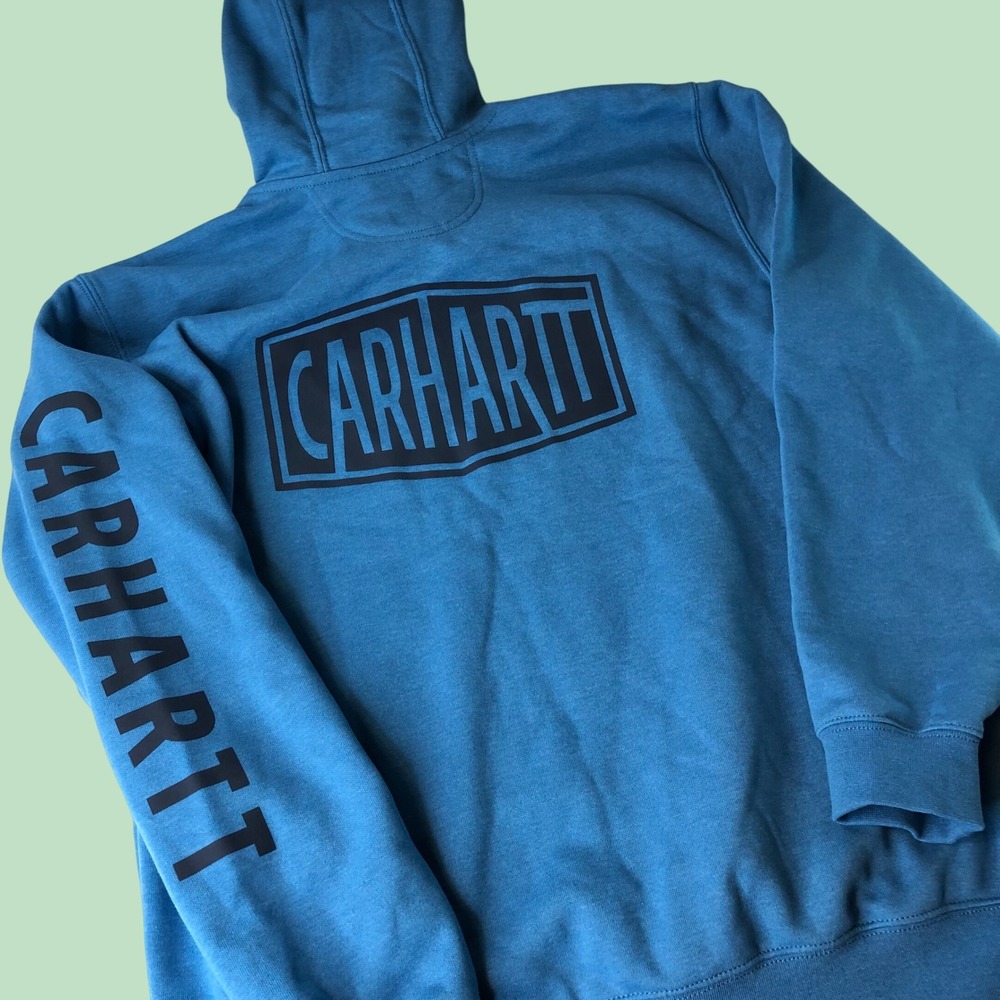 Carhartt Rain Defender Hoodie Mens L Loose Fit Baby Blue Midweight Graphic NEW